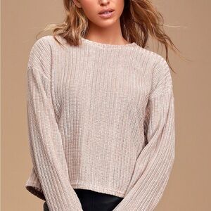 LULUS Weekend Ready Taupe Chenille Striped Sweater Top S